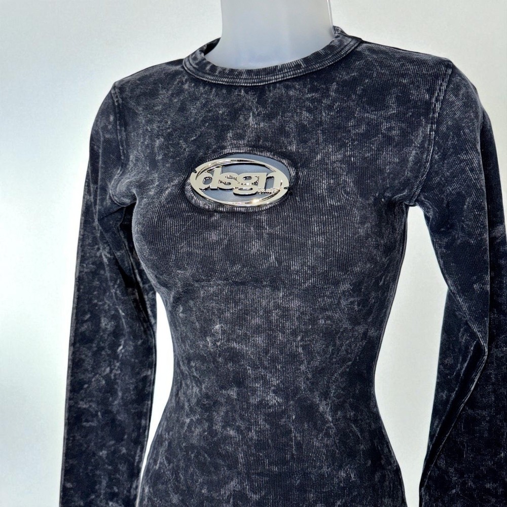 New Small Dress Long Sleeve Mini Bodycon Acid Wash Ribbed Grunge Y2K